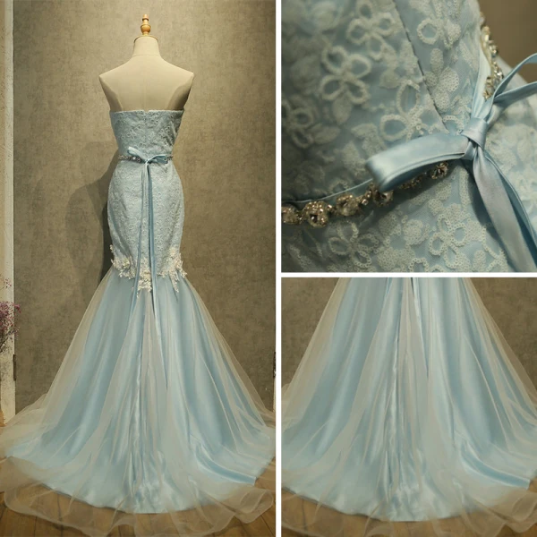 Chic / Belle Bleu Ciel Robe De Soirée 2017 Trompette / Sirène Bustier Sans Manches Paillettes Appliques Fleur Faux Diamant Ceinture Train De Balayage Dos Nu Robe De Ceremonie