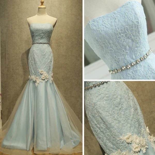Chic / Belle Bleu Ciel Robe De Soirée 2017 Trompette / Sirène Bustier Sans Manches Paillettes Appliques Fleur Faux Diamant Ceinture Train De Balayage Dos Nu Robe De Ceremonie