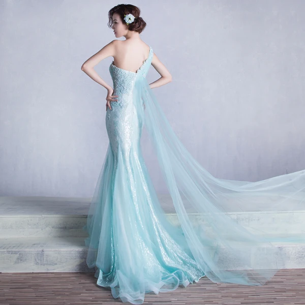 Scintillantes Paillettes Bleu Robe De Soirée 2017 Trompette / Sirène Une épaule Sans Manches Appliques En Dentelle Faux Diamant Volants Dos Nu Robe De Ceremonie Tribunal Train