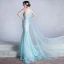Scintillantes Paillettes Bleu Robe De Soirée 2017 Trompette / Sirène Une épaule Sans Manches Appliques En Dentelle Faux Diamant Volants Dos Nu Robe De Ceremonie Tribunal Train