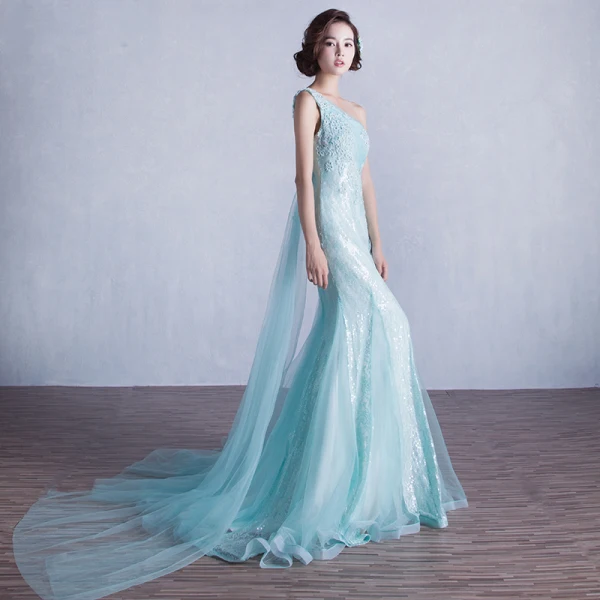 Scintillantes Paillettes Bleu Robe De Soirée 2017 Trompette / Sirène Une épaule Sans Manches Appliques En Dentelle Faux Diamant Volants Dos Nu Robe De Ceremonie Tribunal Train