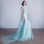 Scintillantes Paillettes Bleu Robe De Soirée 2017 Trompette / Sirène Une épaule Sans Manches Appliques En Dentelle Faux Diamant Volants Dos Nu Robe De Ceremonie Tribunal Train
