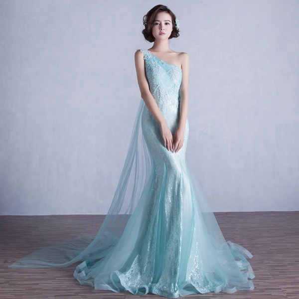 Scintillantes Paillettes Bleu Robe De Soirée 2017 Trompette / Sirène Une épaule Sans Manches Appliques En Dentelle Faux Diamant Volants Dos Nu Robe De Ceremonie Tribunal Train