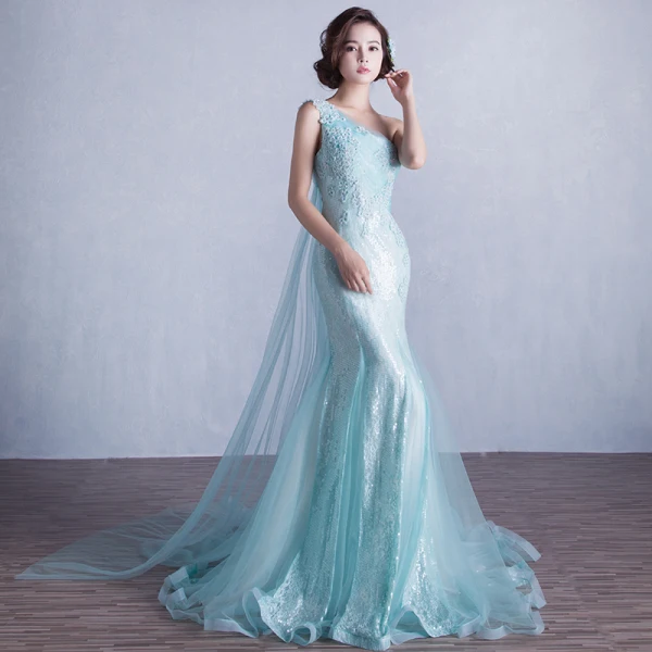 Scintillantes Paillettes Bleu Robe De Soirée 2017 Trompette / Sirène Une épaule Sans Manches Appliques En Dentelle Faux Diamant Volants Dos Nu Robe De Ceremonie Tribunal Train
