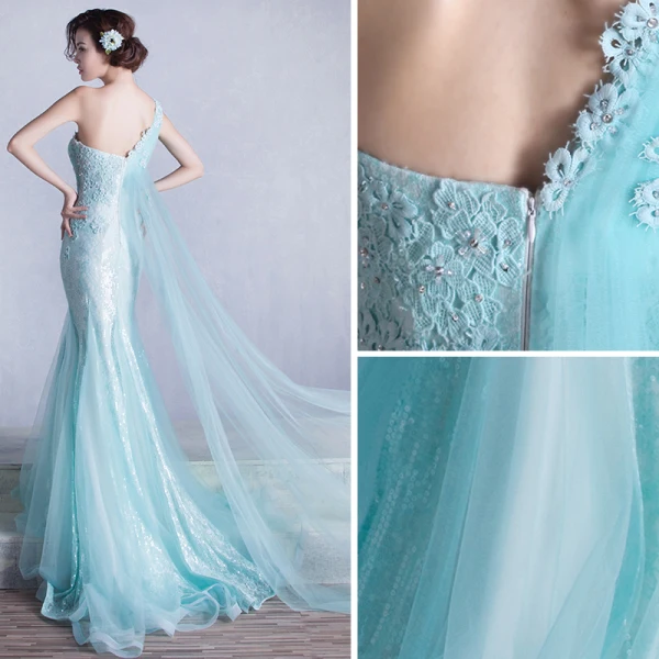 Scintillantes Paillettes Bleu Robe De Soirée 2017 Trompette / Sirène Une épaule Sans Manches Appliques En Dentelle Faux Diamant Volants Dos Nu Robe De Ceremonie Tribunal Train