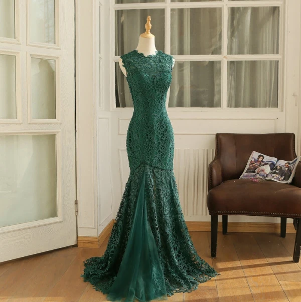Vintage Dark Green Evening Dresses 2017 Trumpet / Mermaid Scoop Neck Sleeveless Sweep Train Formal Dresses