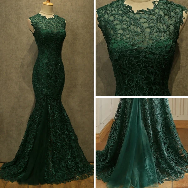 Vintage Dark Green Evening Dresses 2017 Trumpet / Mermaid Scoop Neck Sleeveless Sweep Train Formal Dresses