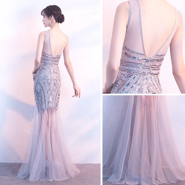 Sexy Argenté Robe De Soirée 2017 Trompette / Sirène Encolure Dégagée Sans Manches Paillettes Longue Dos Nu Percé Robe De Ceremonie