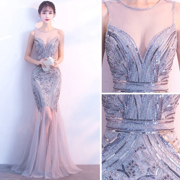 Sexy Argenté Robe De Soirée 2017 Trompette / Sirène Encolure Dégagée Sans Manches Paillettes Longue Dos Nu Percé Robe De Ceremonie