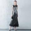 Sparkly Black Grey Evening Dresses  2017 A-Line / Princess Scoop Neck Sleeveless Sequins Ankle Length Backless Pierced Formal Dresses