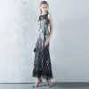 Sparkly Black Grey Evening Dresses  2017 A-Line / Princess Scoop Neck Sleeveless Sequins Ankle Length Backless Pierced Formal Dresses