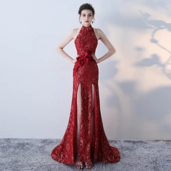 Moderne Mode Doré Rouge Robe De Soirée 2017 Trompette Sirène Titulaire Sans Manches Noeud Ceinture Fendue Devant Train De Balayage Dos Nu Robe De Ceremonie
