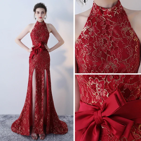 Moderne / Mode Doré Rouge Robe De Soirée 2017 Trompette / Sirène Titulaire Sans Manches Noeud Ceinture Fendue devant Train De Balayage Dos Nu Robe De Ceremonie