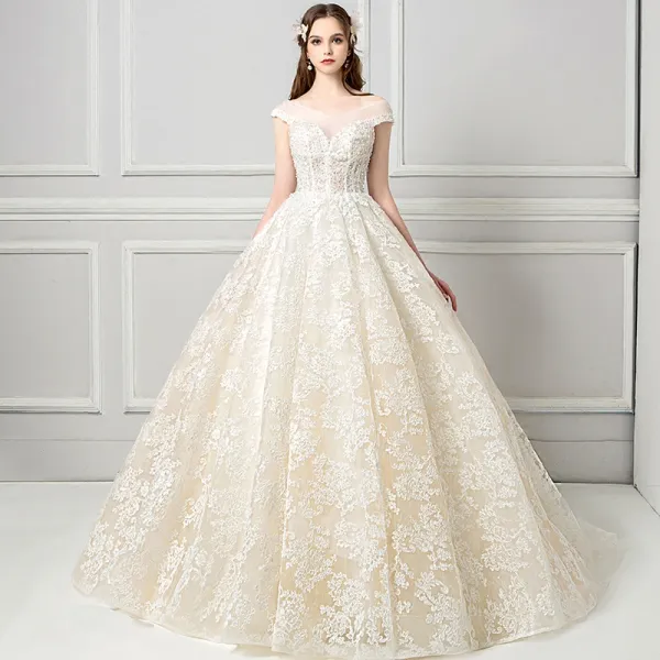 See Through Cap Sleeve Lace V-Neck Ruffles Wedding Dress