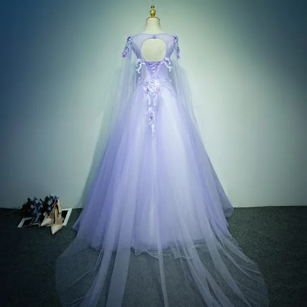 Chic / Beautiful Prom Dresses 2017 Lace Appliques Rhinestone Pearl Sleeveless Scoop Neck Backless Cathedral Train Lilac Ball Gown