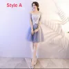 Asequible Azul Cielo Vestidos De Damas De Honor 2018 A-Line / Princess Apliques Con Encaje Cortos Ruffle Sin Espalda Vestidos para bodas