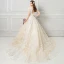 Elegant See-through Champagne Wedding Dresses 2018 Ball Gown V-Neck Cap Sleeves Backless Appliques Lace Pearl Ruffle Cathedral Train
