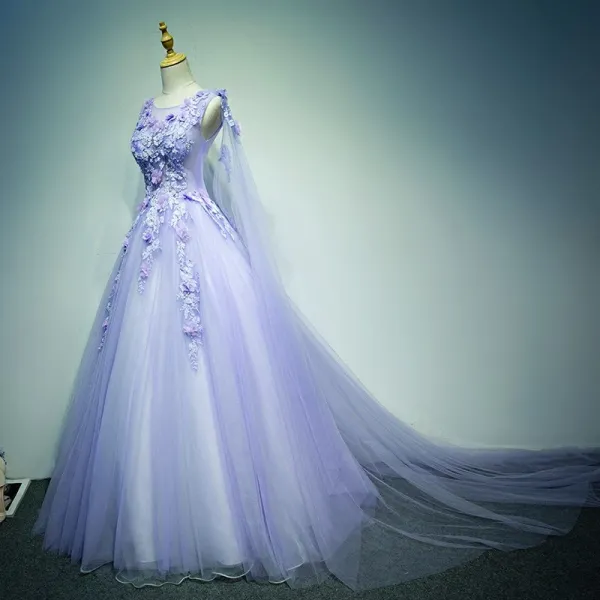 Chic / Beautiful Prom Dresses 2017 Lace Appliques Rhinestone Pearl Sleeveless Scoop Neck Backless Cathedral Train Lilac Ball Gown