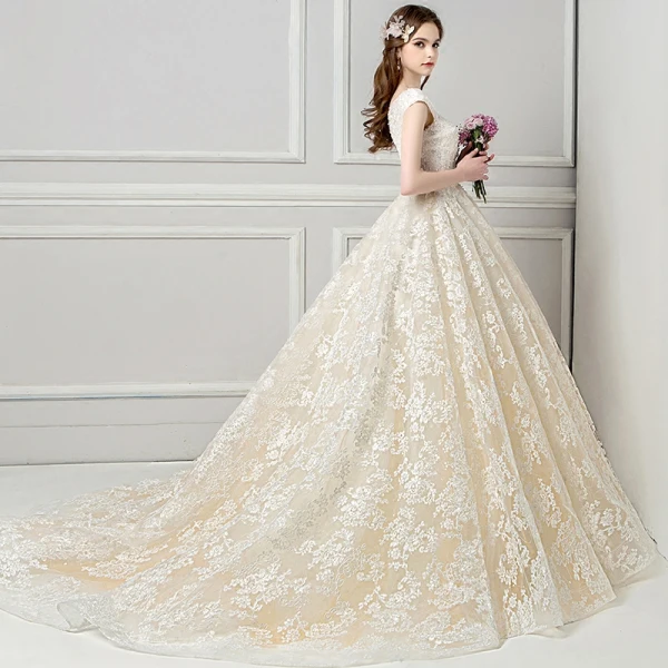 Elegant See-through Champagne Wedding Dresses 2018 Ball Gown V-Neck Cap Sleeves Backless Appliques Lace Pearl Ruffle Cathedral Train