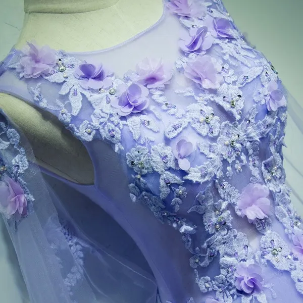 Chic / Beautiful Prom Dresses 2017 Lace Appliques Rhinestone Pearl Sleeveless Scoop Neck Backless Cathedral Train Lilac Ball Gown