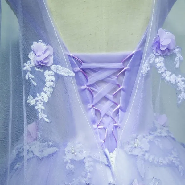 Chic / Beautiful Prom Dresses 2017 Lace Appliques Rhinestone Pearl Sleeveless Scoop Neck Backless Cathedral Train Lilac Ball Gown