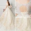 Elegant See-through Champagne Wedding Dresses 2018 Ball Gown V-Neck Cap Sleeves Backless Appliques Lace Pearl Ruffle Cathedral Train