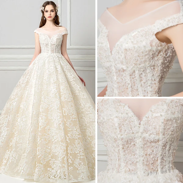 Elegant See-through Champagne Wedding Dresses 2018 Ball Gown V-Neck Cap Sleeves Backless Appliques Lace Pearl Ruffle Cathedral Train