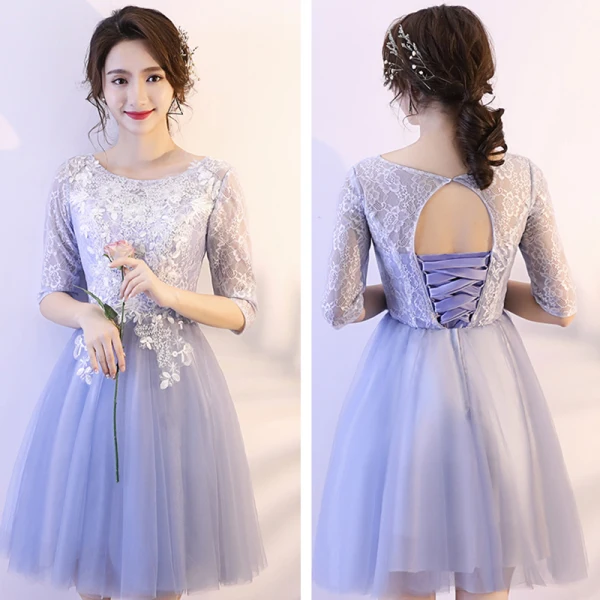 Affordable Sky Blue Bridesmaid Dresses 2018 A-Line / Princess Appliques Lace Short Ruffle Backless Wedding Party Dresses