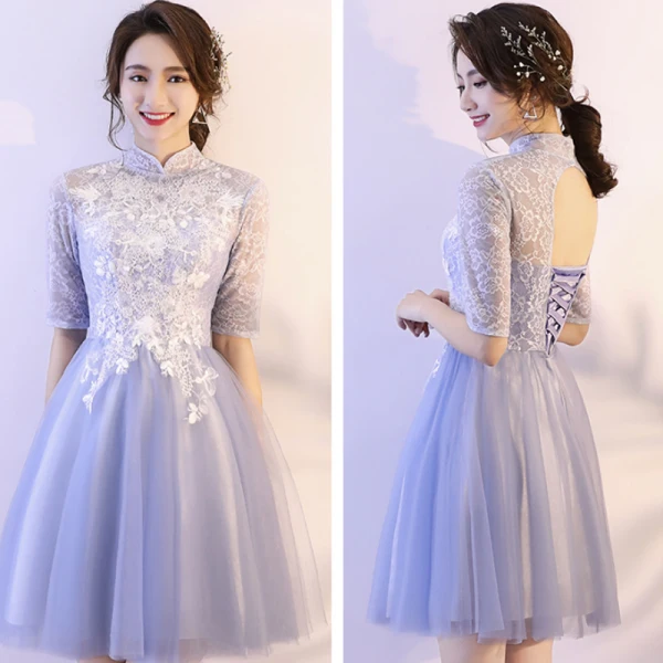 Affordable Sky Blue Bridesmaid Dresses 2018 A-Line / Princess Appliques Lace Short Ruffle Backless Wedding Party Dresses