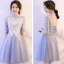 Affordable Sky Blue Bridesmaid Dresses 2018 A-Line / Princess Appliques Lace Short Ruffle Backless Wedding Party Dresses