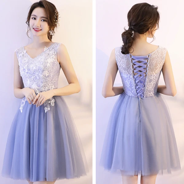 Affordable Sky Blue Bridesmaid Dresses 2018 A-Line / Princess Appliques Lace Short Ruffle Backless Wedding Party Dresses