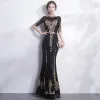 Sparkly Black Gold Evening Dresses  2017 Trumpet / Mermaid Scoop Neck 1/2 Sleeves Sequins Appliques Lace Metal Sash Floor-Length / Long Formal Dresses