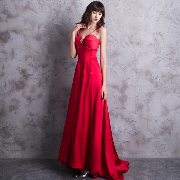 Modern / Fashion Red Evening Dresses 2018 A-Line / Princess Sweetheart Shoulders Sleeveless Beading Sweep Train Backless Formal Dresses