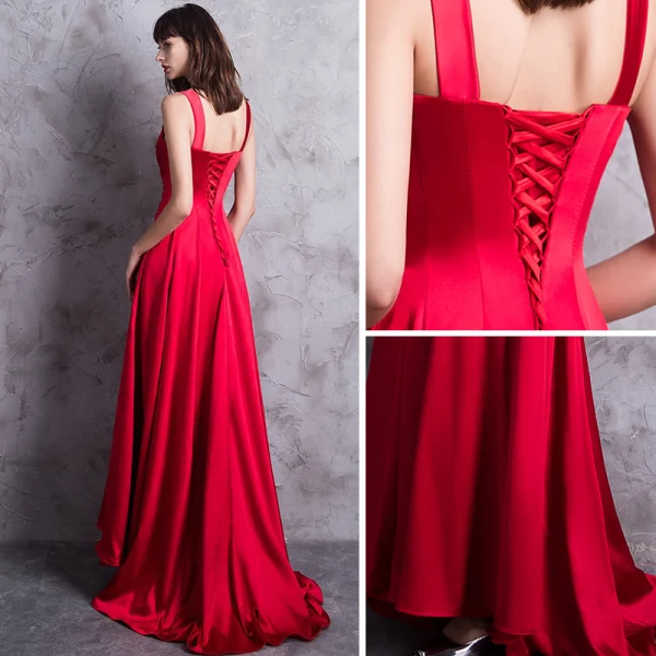 Modern / Fashion Red Evening Dresses 2018 A-Line / Princess Sweetheart Shoulders Sleeveless Beading Sweep Train Backless Formal Dresses