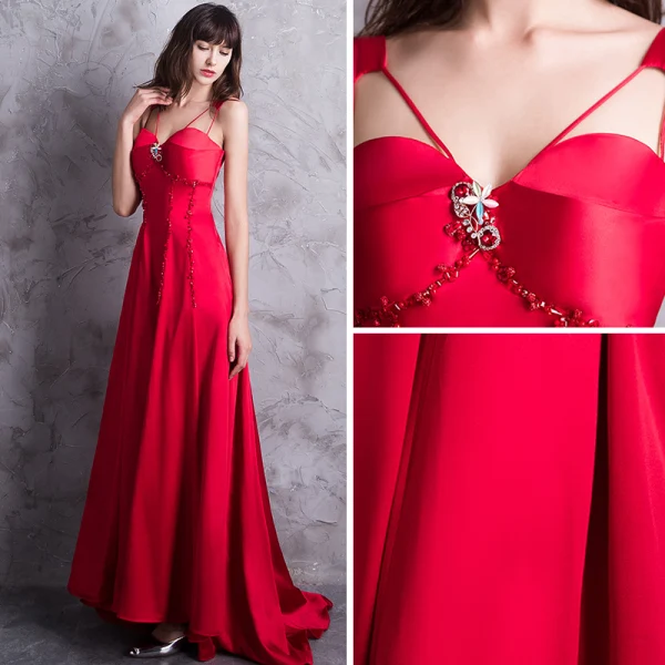 Modern / Fashion Red Evening Dresses 2018 A-Line / Princess Sweetheart Shoulders Sleeveless Beading Sweep Train Backless Formal Dresses