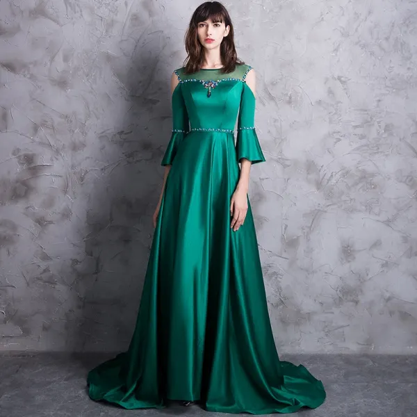 Modern / Fashion Dark Green Evening Dresses  2018 A-Line / Princess Scoop Neck 3/4 Sleeve Strapless Crystal Rhinestone Sash Sweep Train Backless Pierced Formal Dresses