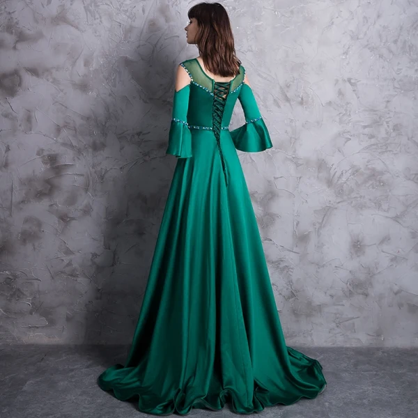 Modern / Fashion Dark Green Evening Dresses 2018 A-Line / Princess Scoop Neck 3/4 Sleeve Strapless Crystal Rhinestone Sash Sweep Train Backless Pierced Formal Dresses
