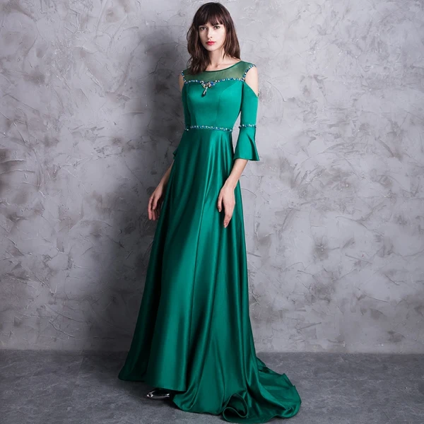 Modern / Fashion Dark Green Evening Dresses 2018 A-Line / Princess Scoop Neck 3/4 Sleeve Strapless Crystal Rhinestone Sash Sweep Train Backless Pierced Formal Dresses