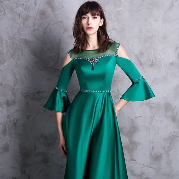Modern / Fashion Dark Green Evening Dresses 2018 A-Line / Princess Scoop Neck 3/4 Sleeve Strapless Crystal Rhinestone Sash Sweep Train Backless Pierced Formal Dresses
