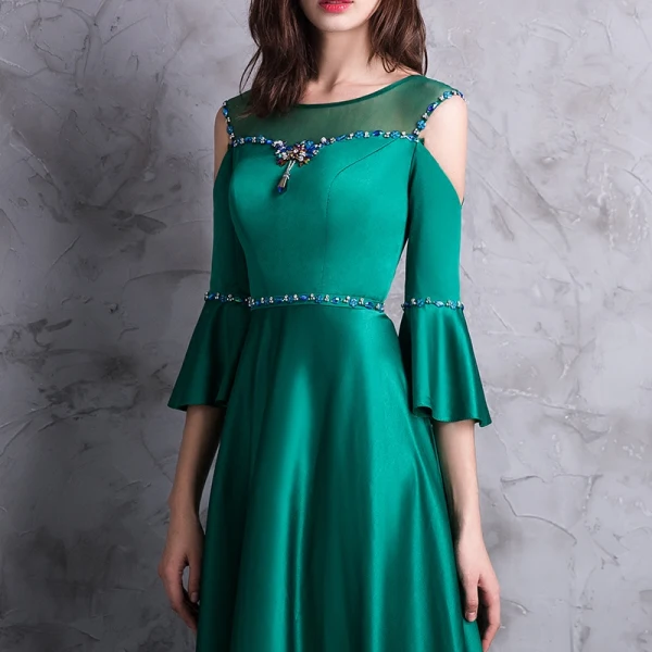 Modern / Fashion Dark Green Evening Dresses 2018 A-Line / Princess Scoop Neck 3/4 Sleeve Strapless Crystal Rhinestone Sash Sweep Train Backless Pierced Formal Dresses