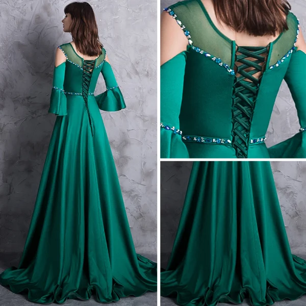Modern / Fashion Dark Green Evening Dresses 2018 A-Line / Princess Scoop Neck 3/4 Sleeve Strapless Crystal Rhinestone Sash Sweep Train Backless Pierced Formal Dresses