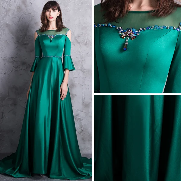 Modern / Fashion Dark Green Evening Dresses 2018 A-Line / Princess Scoop Neck 3/4 Sleeve Strapless Crystal Rhinestone Sash Sweep Train Backless Pierced Formal Dresses