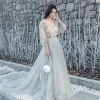 Elegant Grey Prom Dresses 2017 A-Line / Princess V-Neck Long Sleeve Appliques Flower Embroidered Beading Sash Chapel Train Backless Formal Dresses