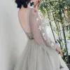 Elegant Grey Prom Dresses 2017 A-Line / Princess V-Neck Long Sleeve Appliques Flower Embroidered Beading Sash Chapel Train Backless Formal Dresses