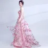 Flower Fairy Candy Pink Prom Dresses 2017 A-Line / Princess Sweetheart Sleeveless Appliques Flower Printing Chapel Train Backless Formal Dresses