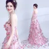 Flower Fairy Candy Pink Prom Dresses 2017 A-Line / Princess Sweetheart Sleeveless Appliques Flower Printing Chapel Train Backless Formal Dresses
