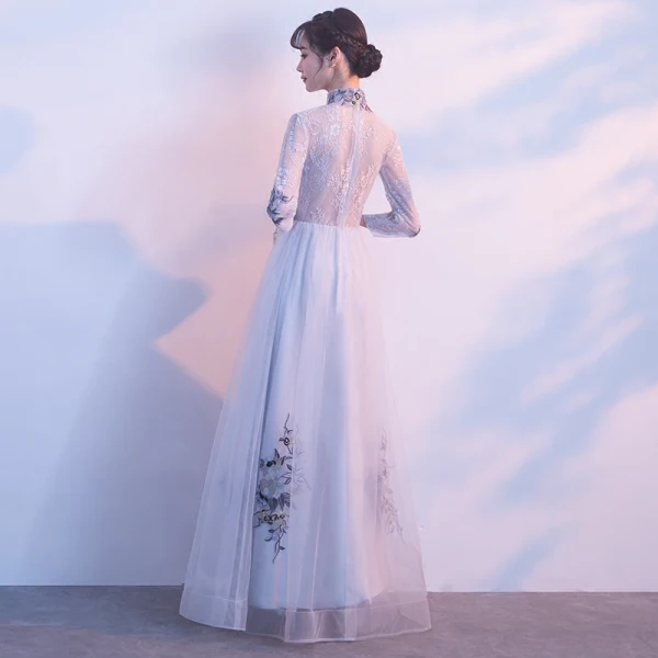 Chic / Beautiful Silver Prom Dresses 2017 A-Line / Princess Amazing / Unique V-Neck 3/4 Sleeve Appliques Lace Floor-Length / Long Pierced Formal Dresses