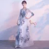 Chic / Beautiful Silver Prom Dresses 2017 A-Line / Princess Amazing / Unique V-Neck 3/4 Sleeve Appliques Lace Floor-Length / Long Pierced Formal Dresses