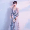 Chic / Beautiful Silver Prom Dresses 2017 A-Line / Princess Amazing / Unique V-Neck 3/4 Sleeve Appliques Lace Floor-Length / Long Pierced Formal Dresses