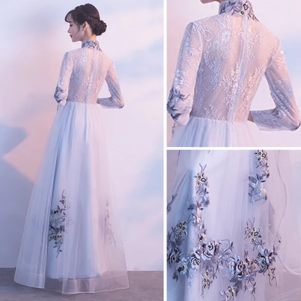 Chic / Beautiful Silver Prom Dresses 2017 A-Line / Princess Amazing / Unique V-Neck 3/4 Sleeve Appliques Lace Floor-Length / Long Pierced Formal Dresses